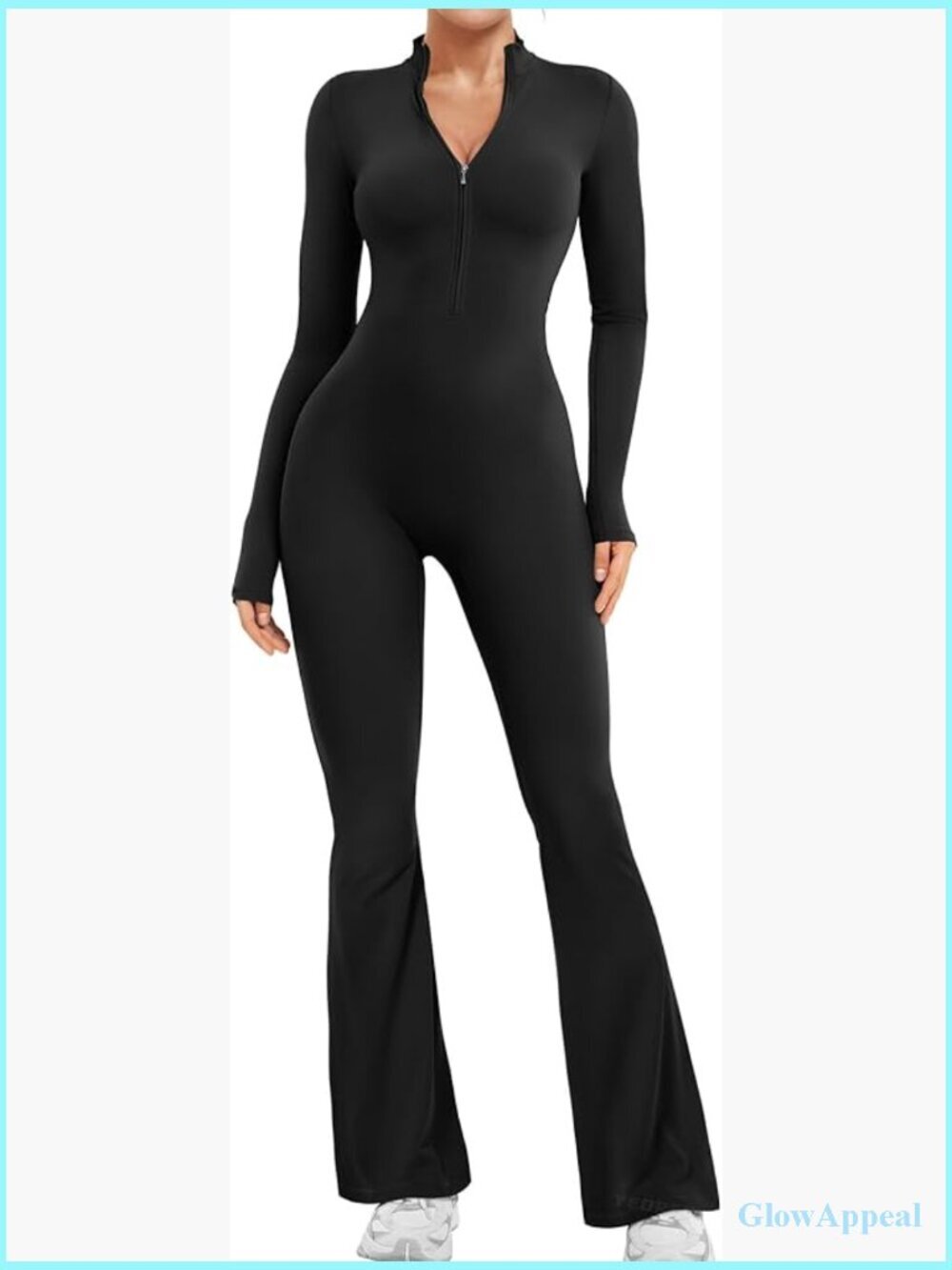 Long Sleeve Flare Workout Jumpsuit Zip Up Wide Leg Bodysuit Sexy One Piece